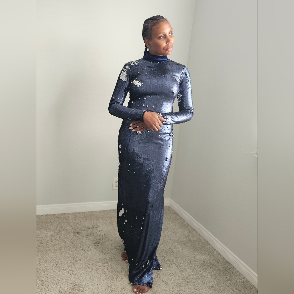 NWT Marcell Von Berlin Navy Sequin Velvet Gown Dress 6 - Picture 2 of 9